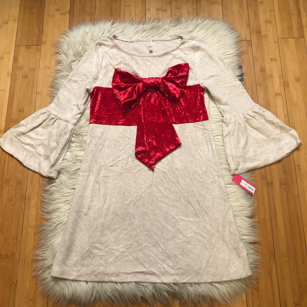 Christmas Velvet Bell Sleeves Giant Bow Red Cream Mini Dress size S NWT